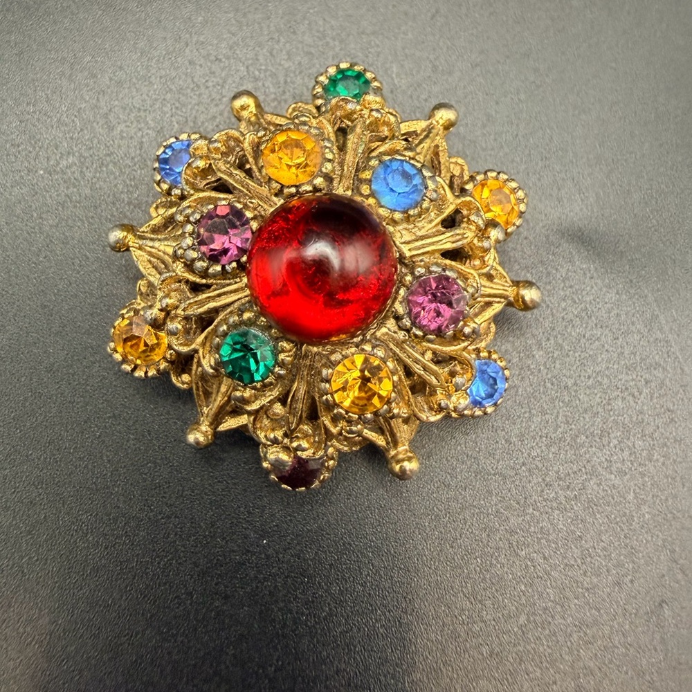 Vintage Gold Tone Harlequin Rhinestone Brooch Red Cabochon Mid Century Statement